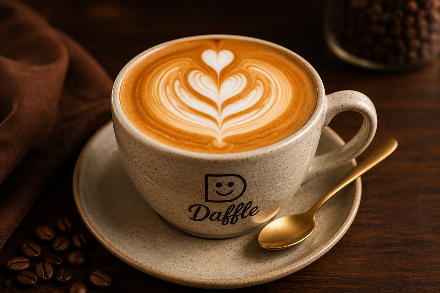 Taza de café Daffle con arte latte
