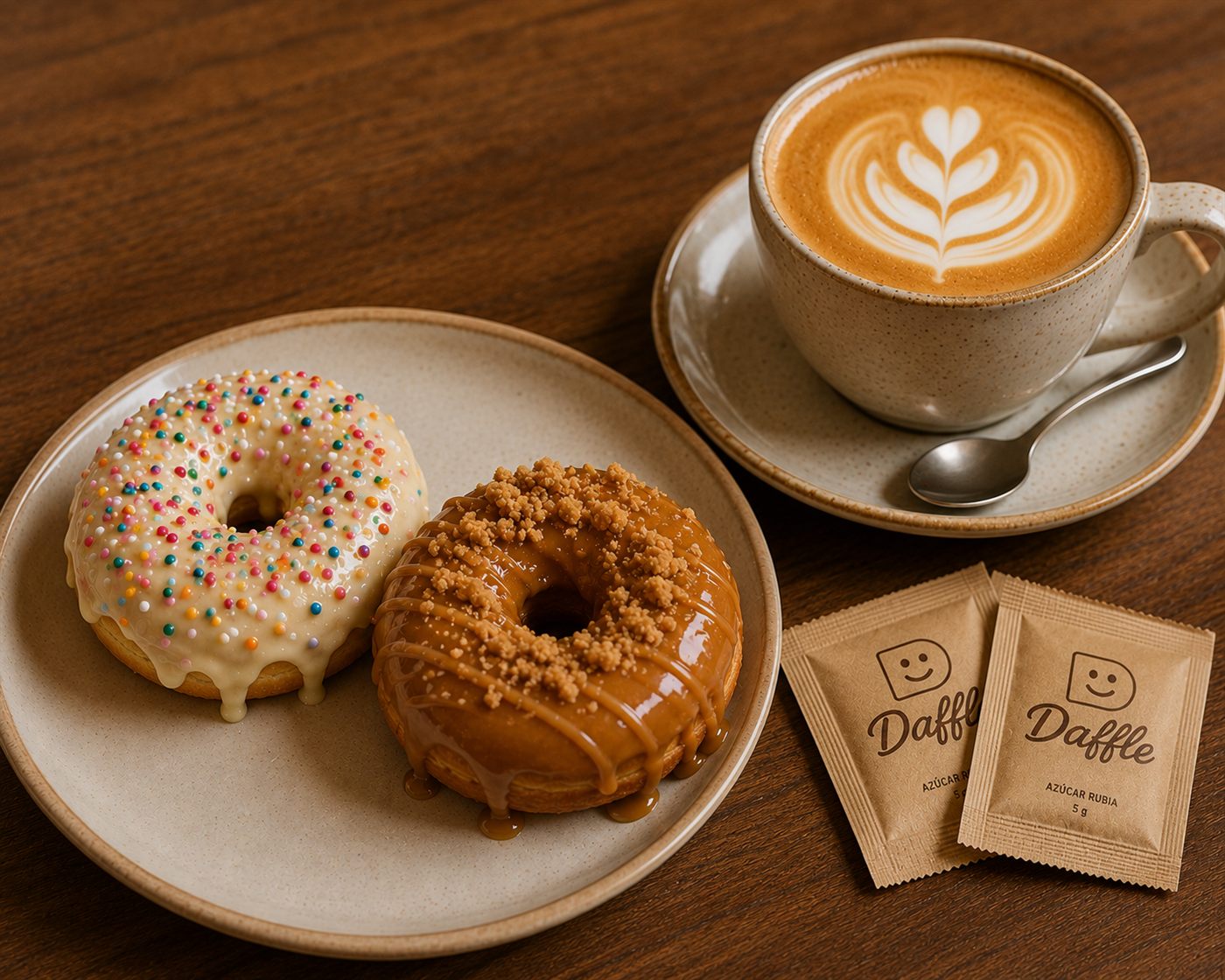 Mini donuts de grajeas y de manjar con un café