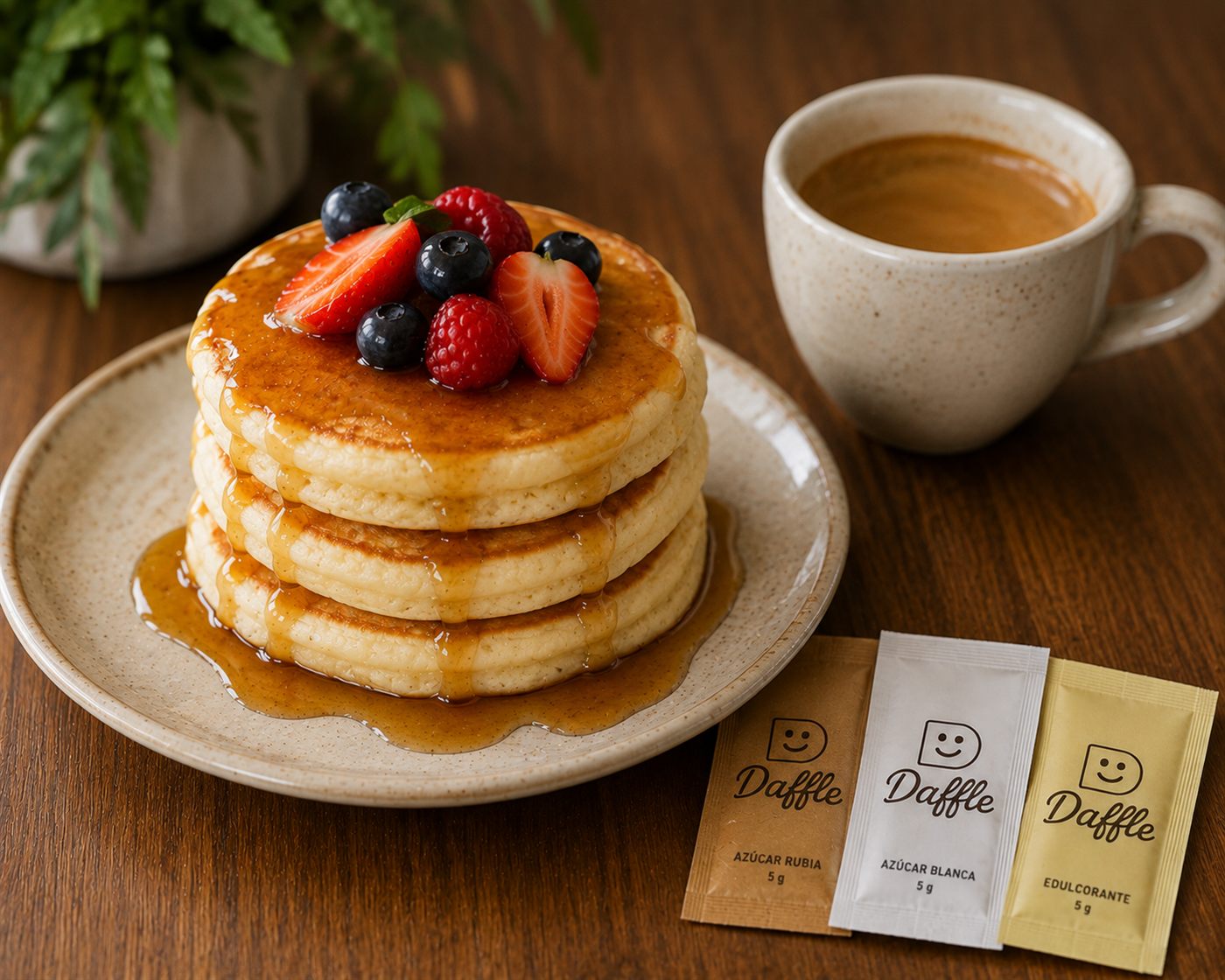 Torre de hotcakes con fresas, arándanos y frambuesas