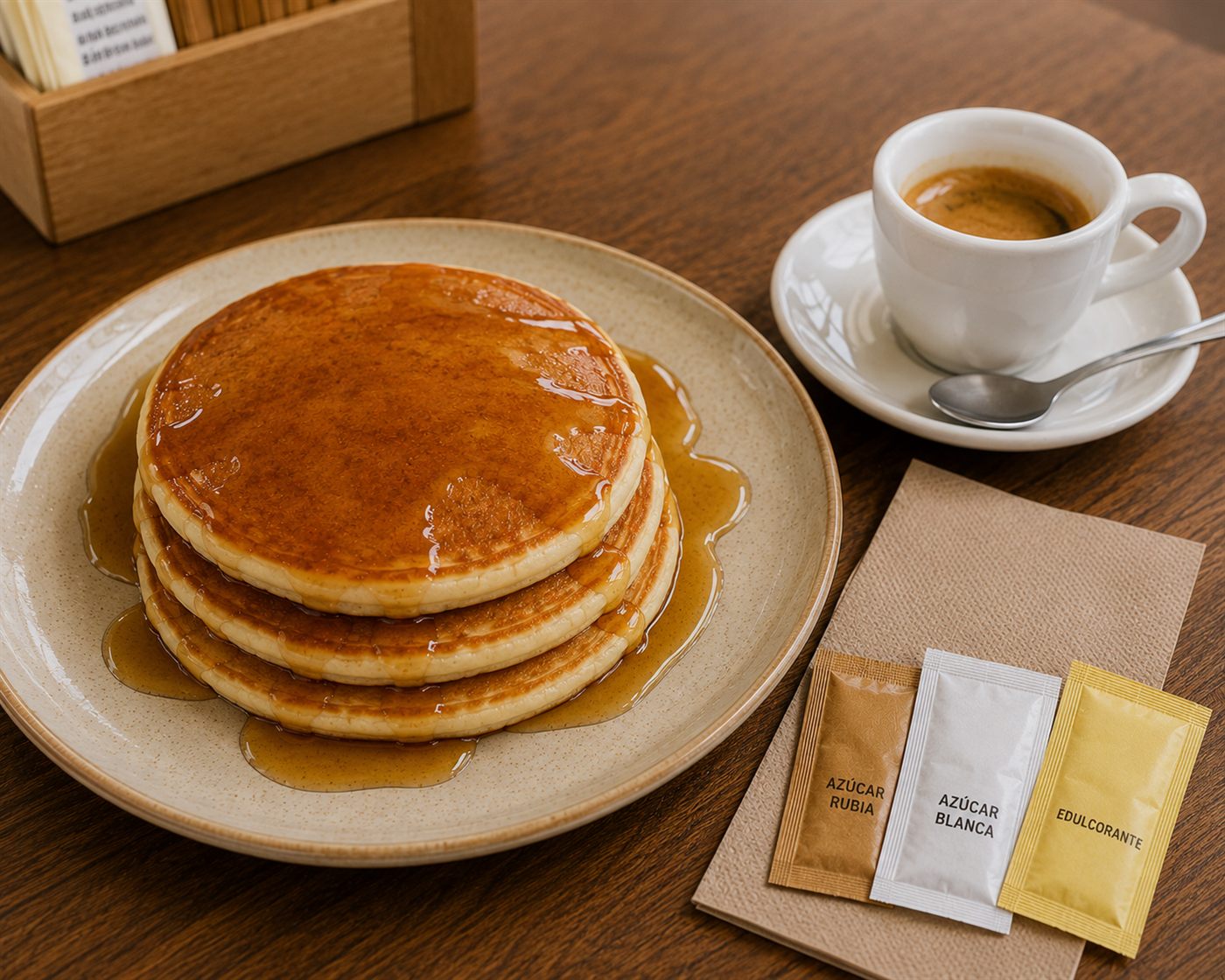 Hotcakes bañados en miel junto a un café
