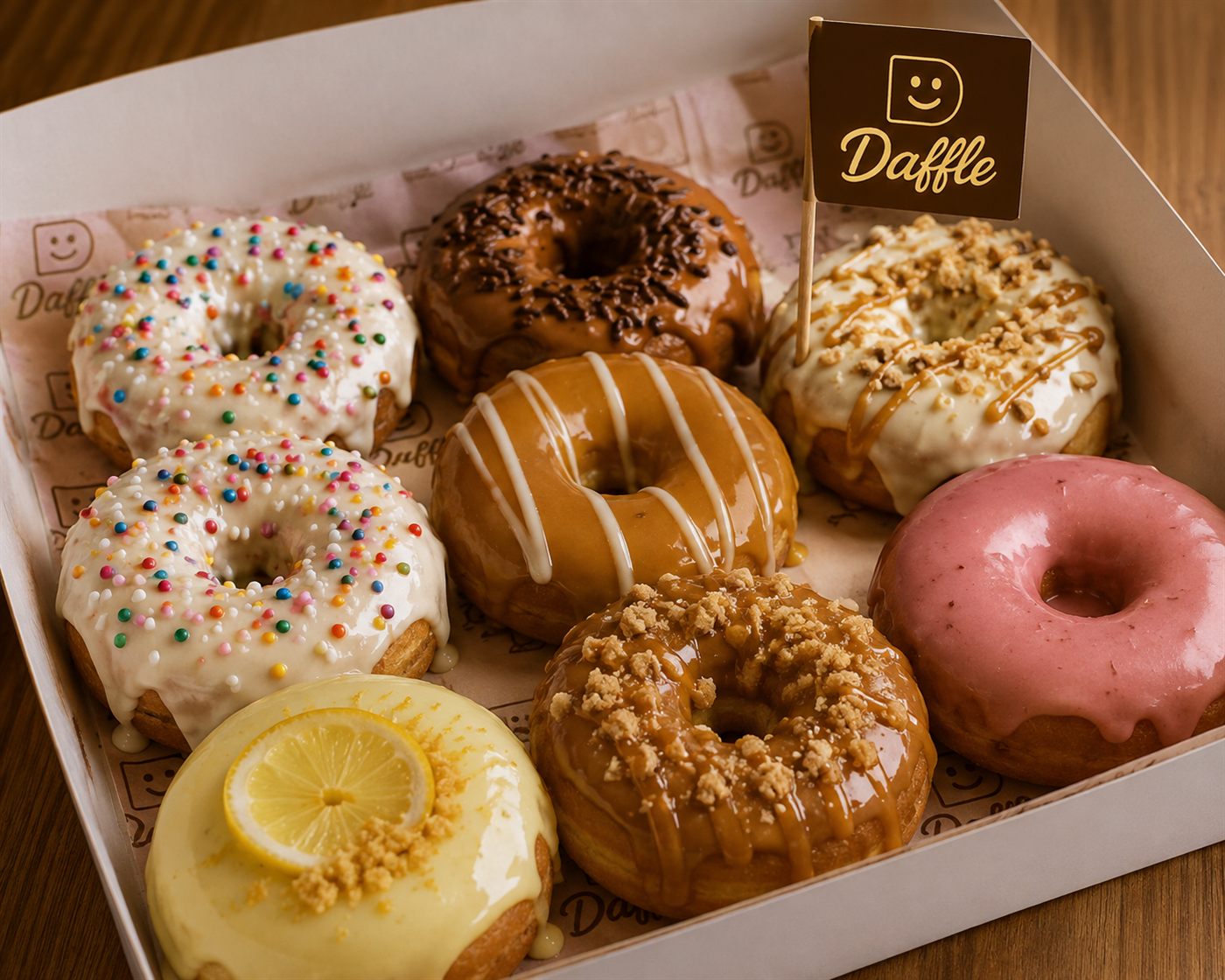 Caja de mini donuts con distintas coberturas
