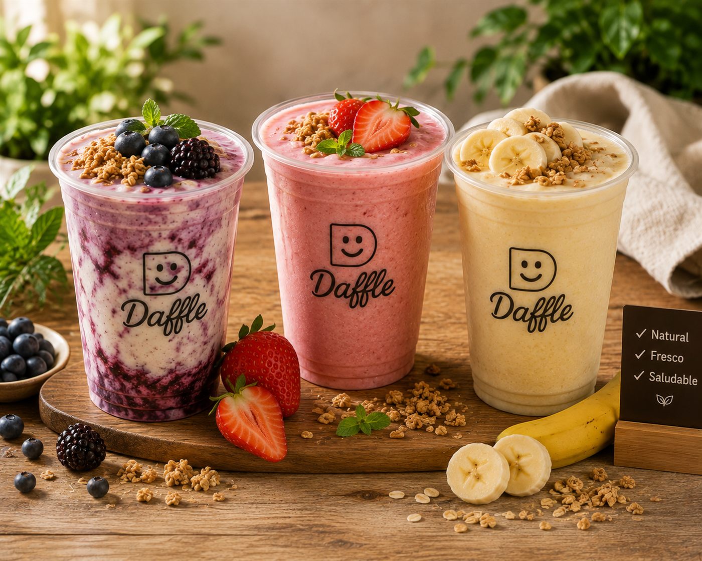 Tres smoothies Daffle: frutos del bosque, fresa y plátano