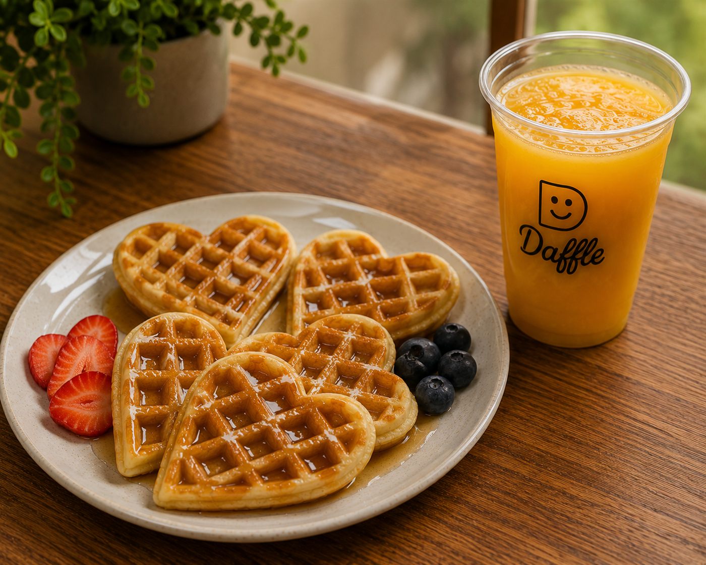 Plato de waffles corazón con fruta y un jugo Daffle