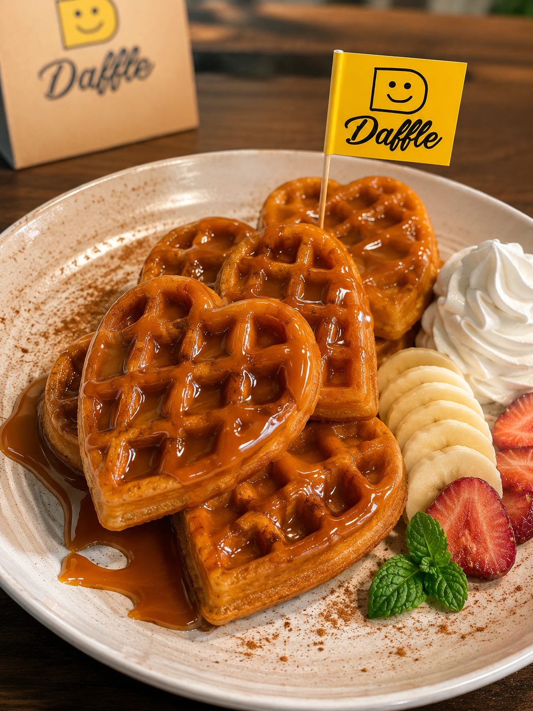 Waffles con forma de corazón bañados en manjar, con crema y fruta